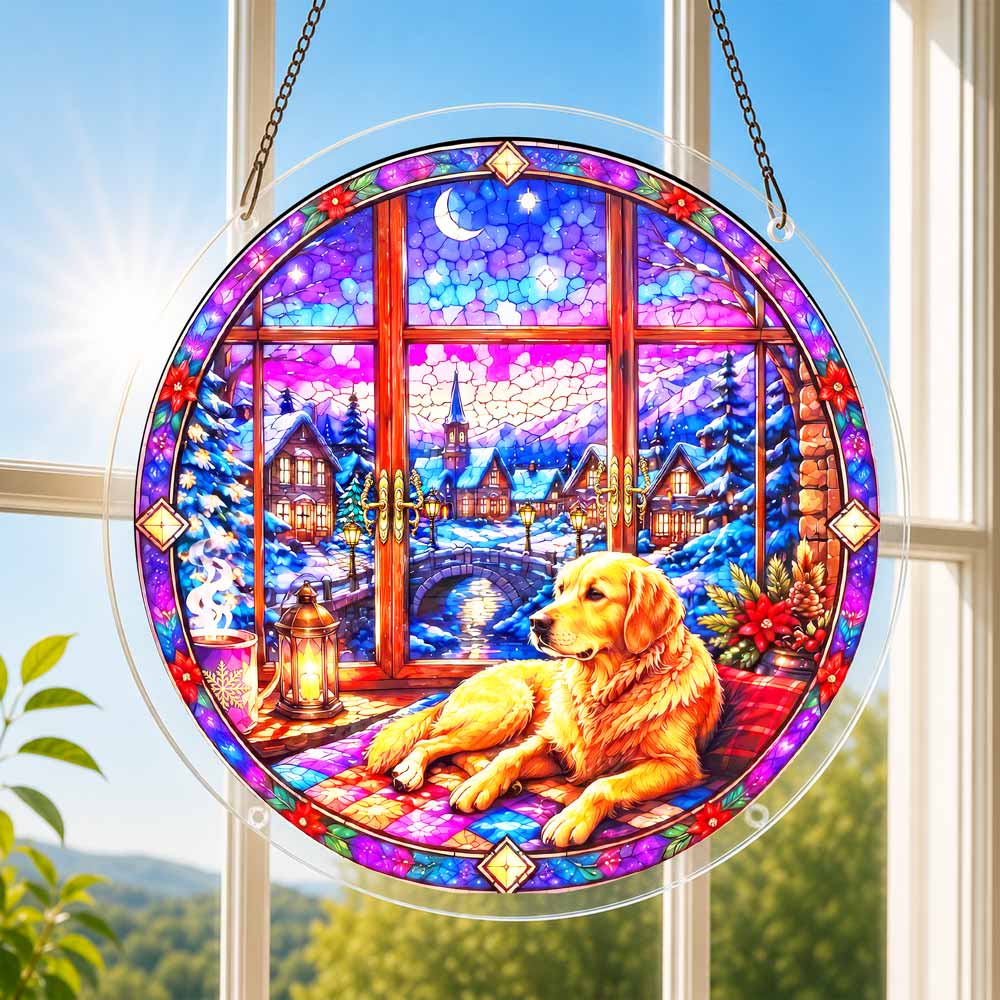 Acrylic Jigsaw Puzzle Suncatcher - Cozy Golden Retriever