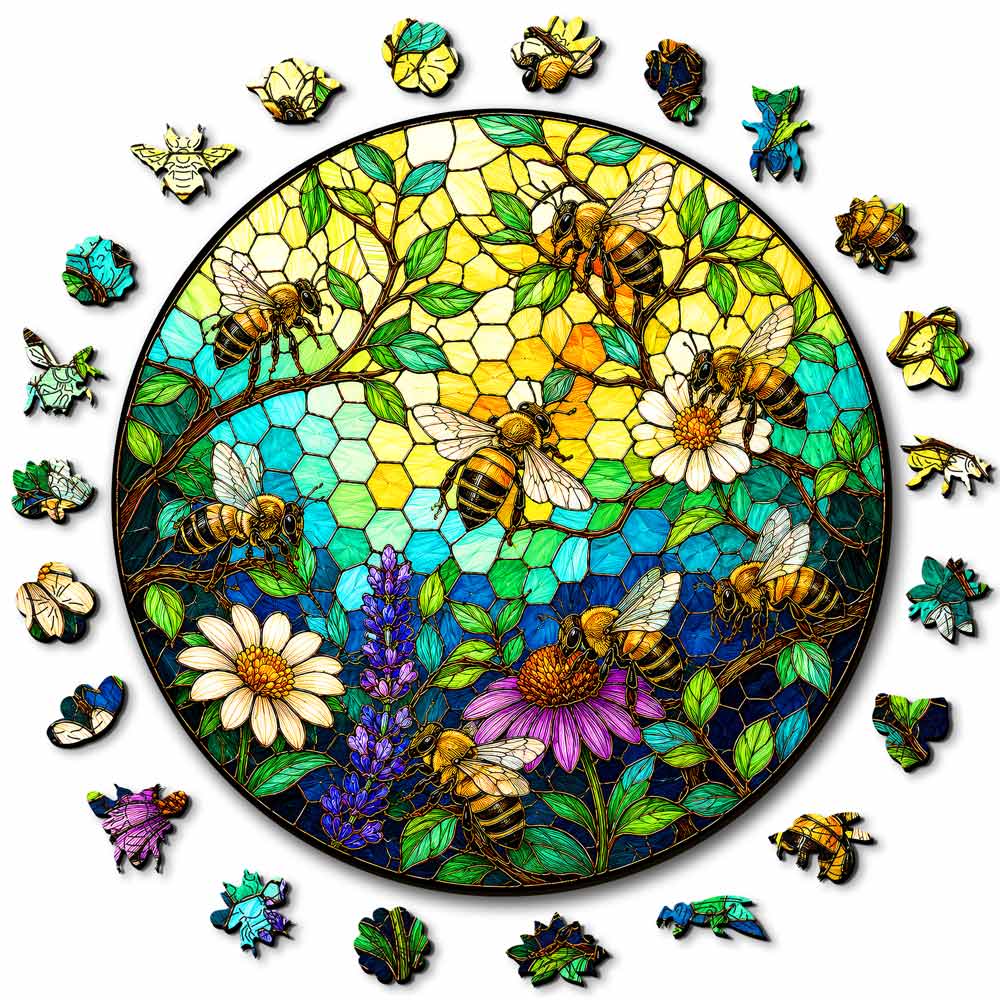 Wooden Jigsaw Puzzles A5 Bee Blossom - Stained Glass Jigsaw Puzzle
