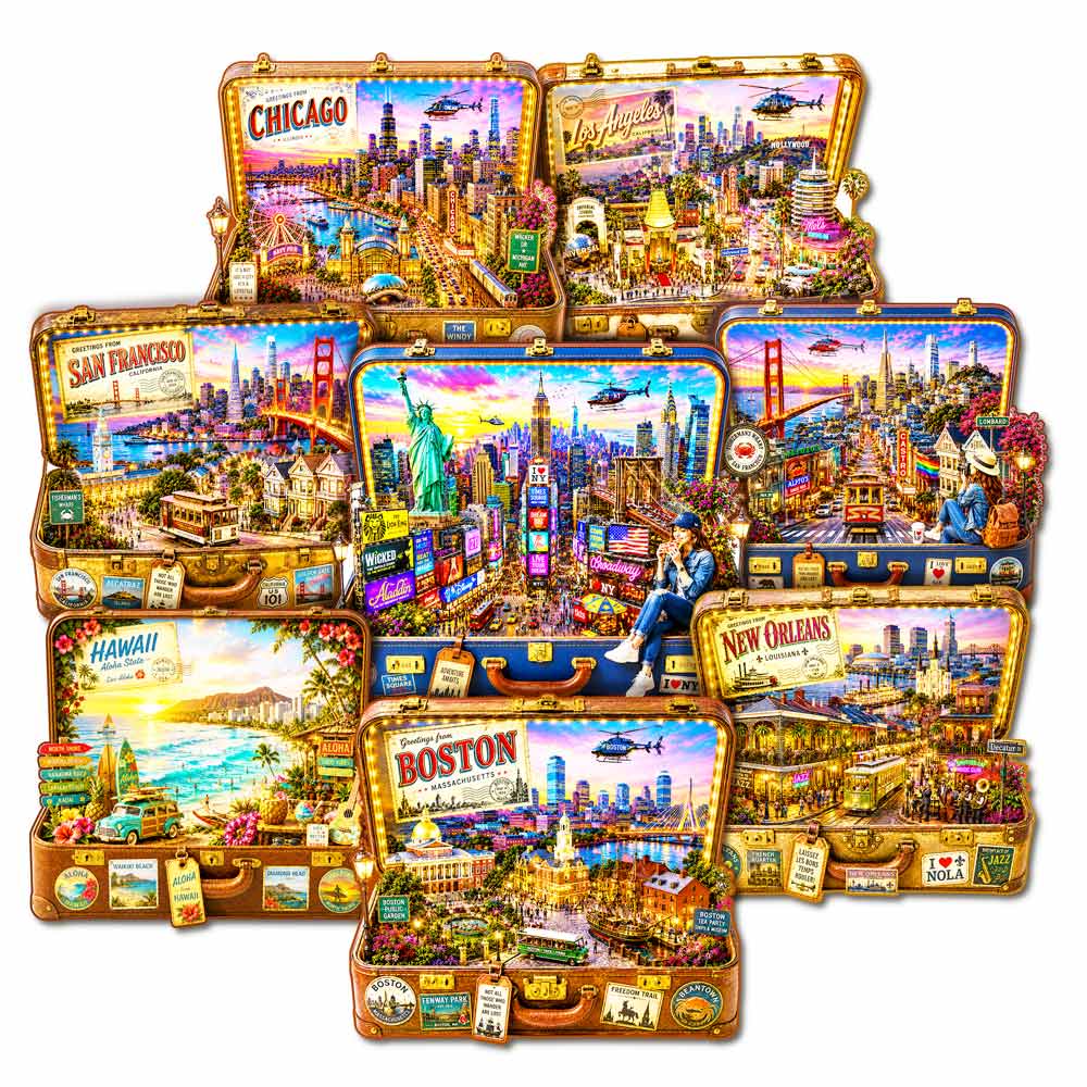 8-Pack USA City Travel Case - Wooden Jigsaw Puzzle Set