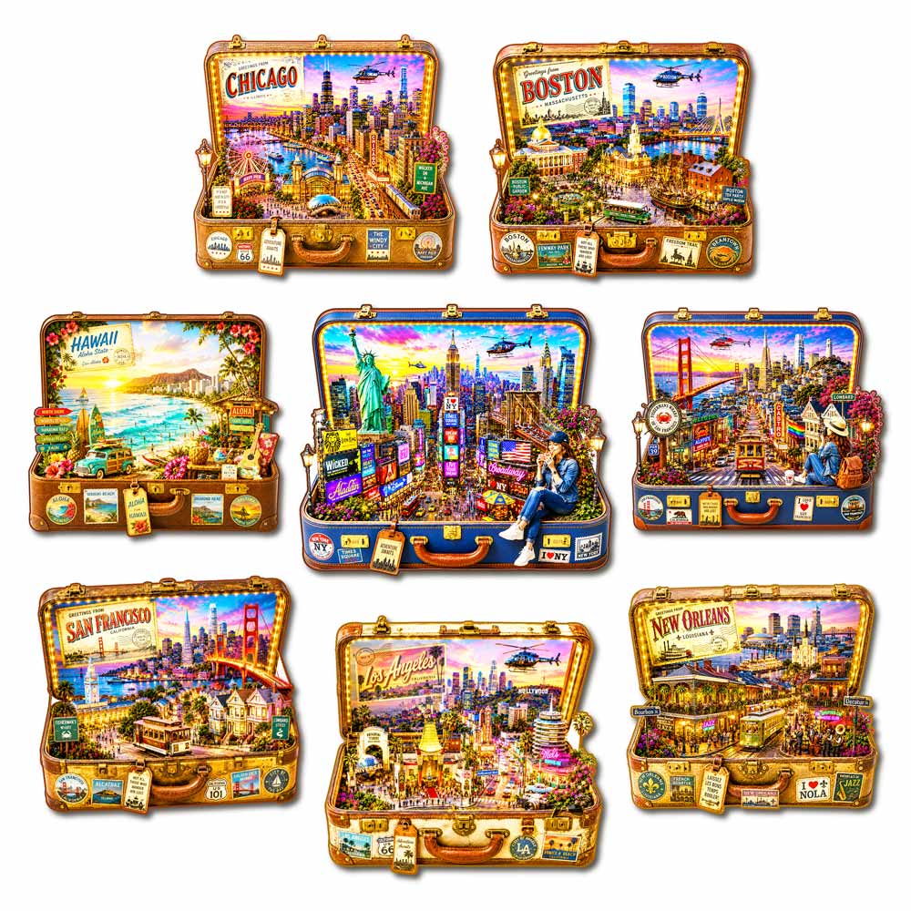 8-Pack USA City Travel Case - Wooden Jigsaw Puzzle Set