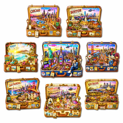 8-Pack USA City Travel Case - Wooden Jigsaw Puzzle Set