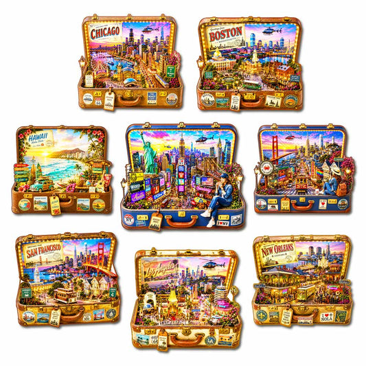 8-Pack USA City Travel Case - Wooden Jigsaw Puzzle Set
