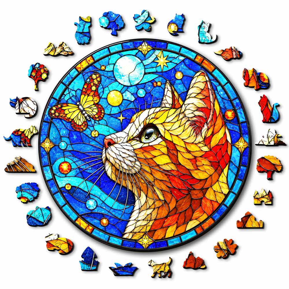 Wooden Jigsaw Puzzles A5 Butterfly Cat - Stained Glass Jigsaw Puzzle