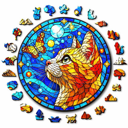 Wooden Jigsaw Puzzles A5 Butterfly Cat - Stained Glass Jigsaw Puzzle
