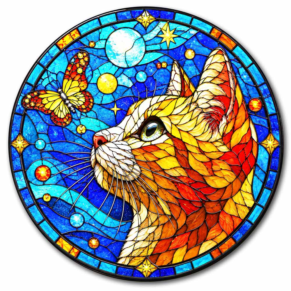 Wooden Jigsaw Puzzles Butterfly Cat - Stained Glass Jigsaw Puzzle
