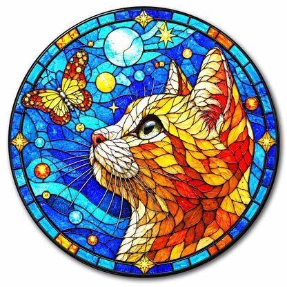Wooden Jigsaw Puzzles Butterfly Cat - Stained Glass Jigsaw Puzzle