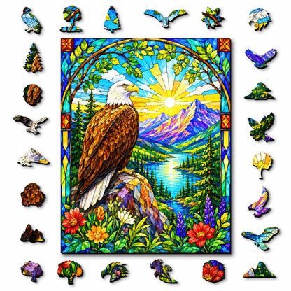 Wooden Jigsaw Puzzles A5 Eagle Sunrise - Stained Glass Jigsaw Puzzle