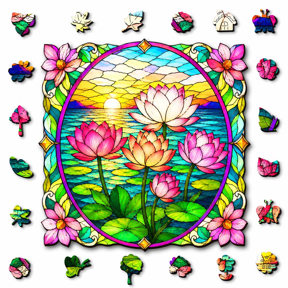 Wooden Jigsaw Puzzles A5 Lotus Harmony - Stained Glass Jigsaw Puzzle