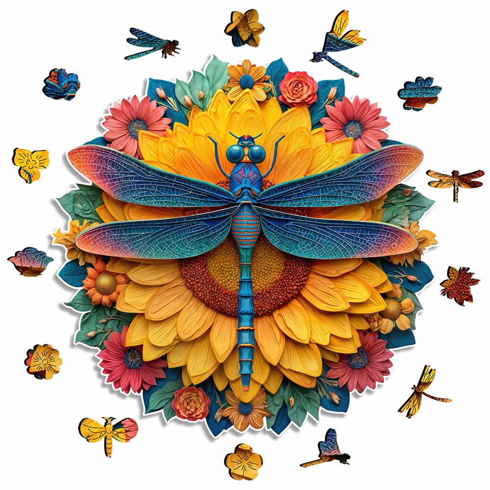 🔥Last Day - Dragonfly Sunflower - Wooden Jigsaw Puzzle