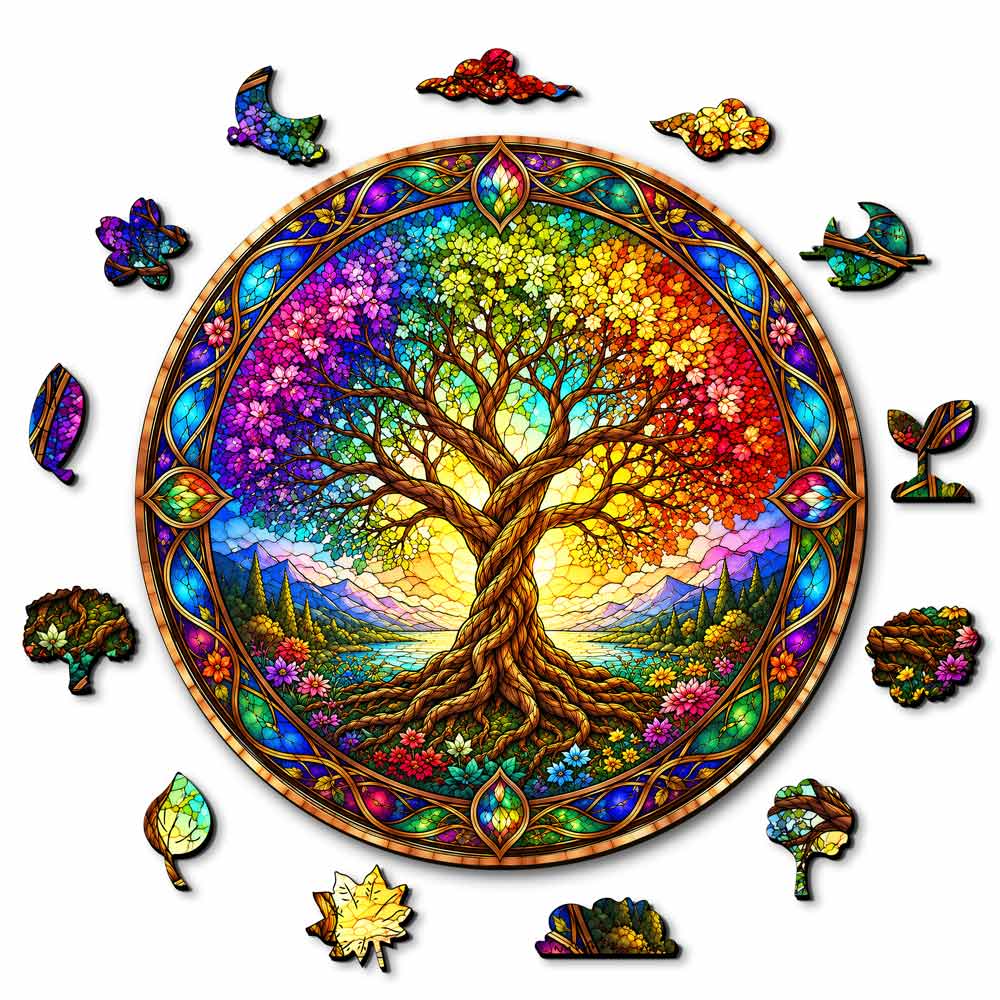 Wooden Jigsaw Puzzles A5 Radiant Tree - Stained Glass Jigsaw Puzzle